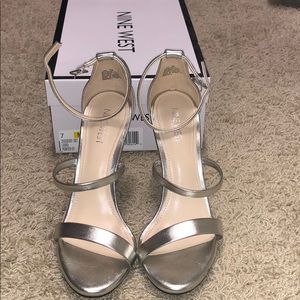 Silver Nine West Ankle Strap Heels
